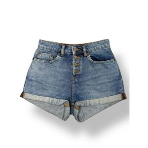 ROXY Women’s 27 High Rise Denim Shorts Button Fly Cuffed Hem